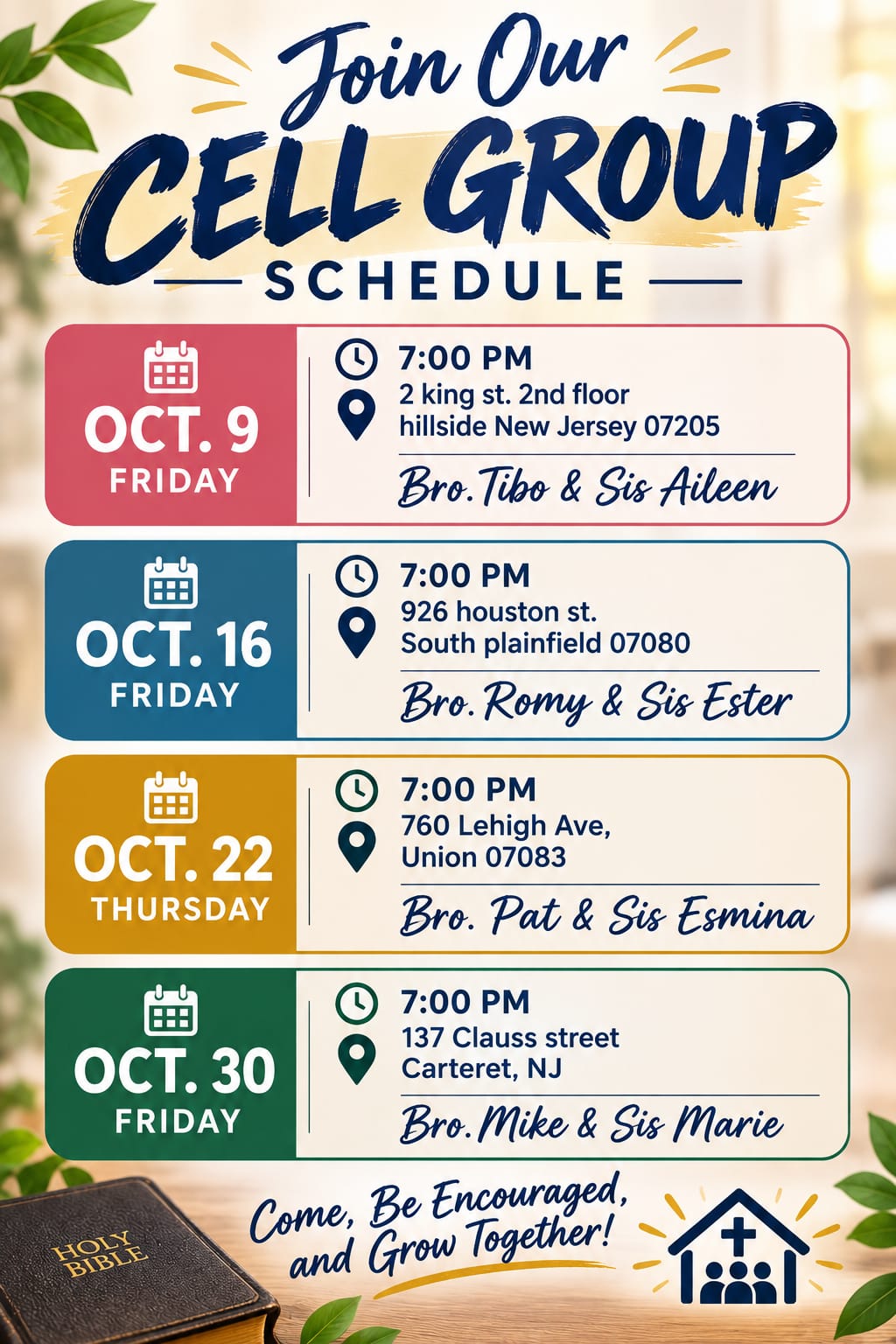 Cell Group Schedule September 2026